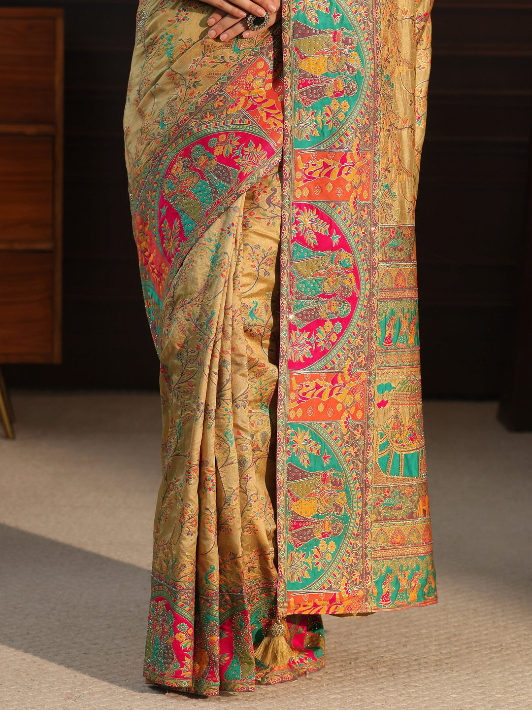  Libas Beige Woven Design Silk Blend Saree with Embroidered Border 