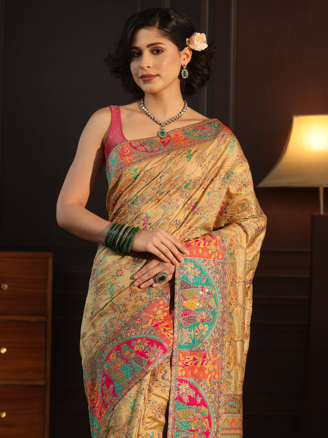  Libas Beige Woven Design Silk Blend Saree with Embroidered Border 