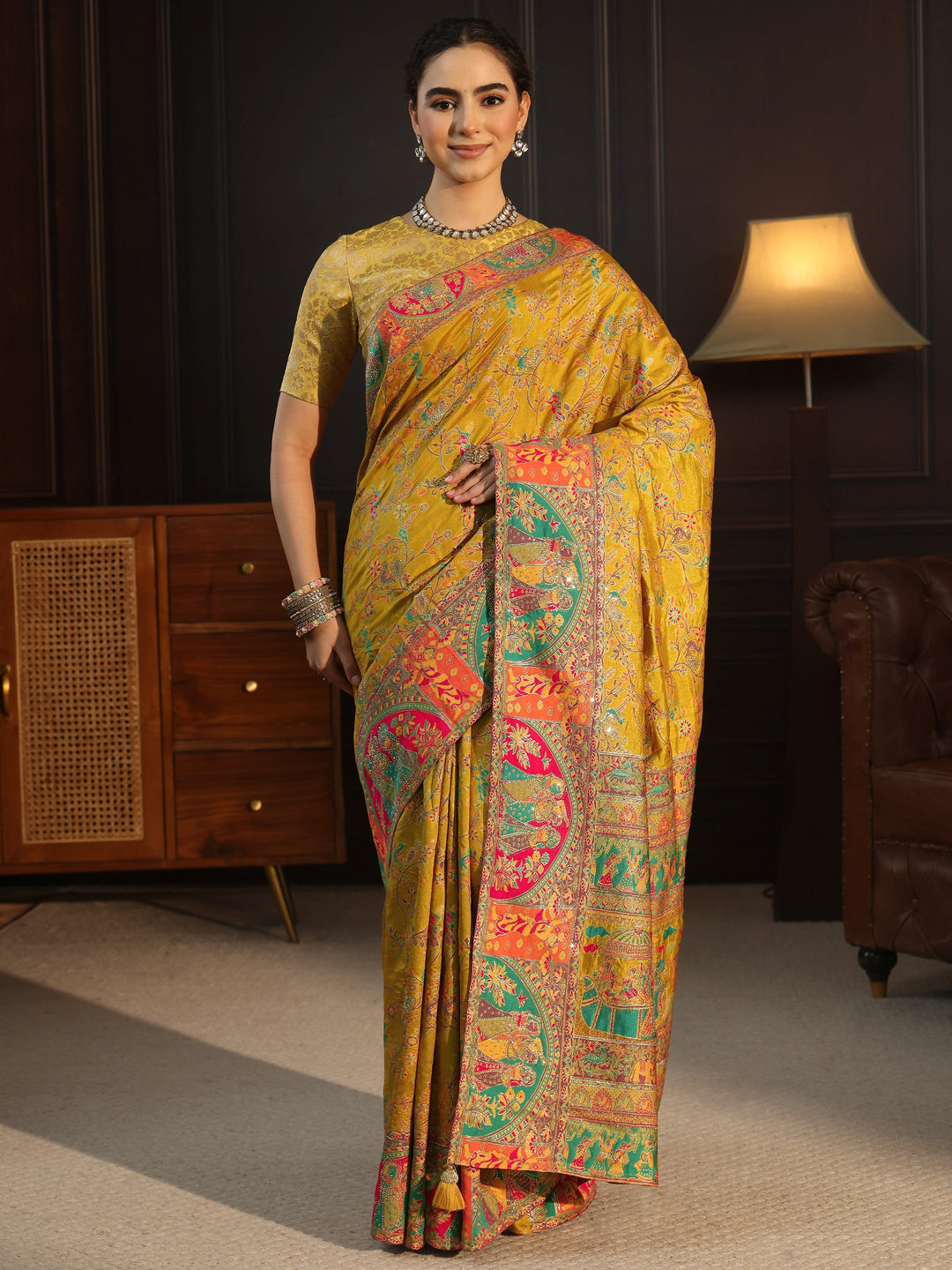  Libas Mustard Woven Design Silk Blend Saree with Embroidered Border 