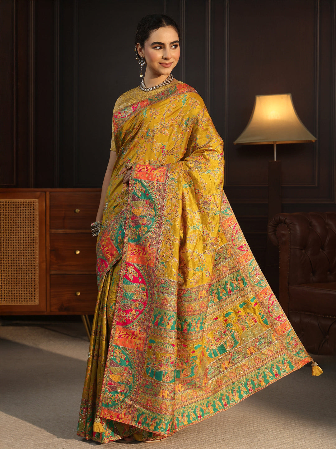  Libas Mustard Woven Design Silk Blend Saree with Embroidered Border 
