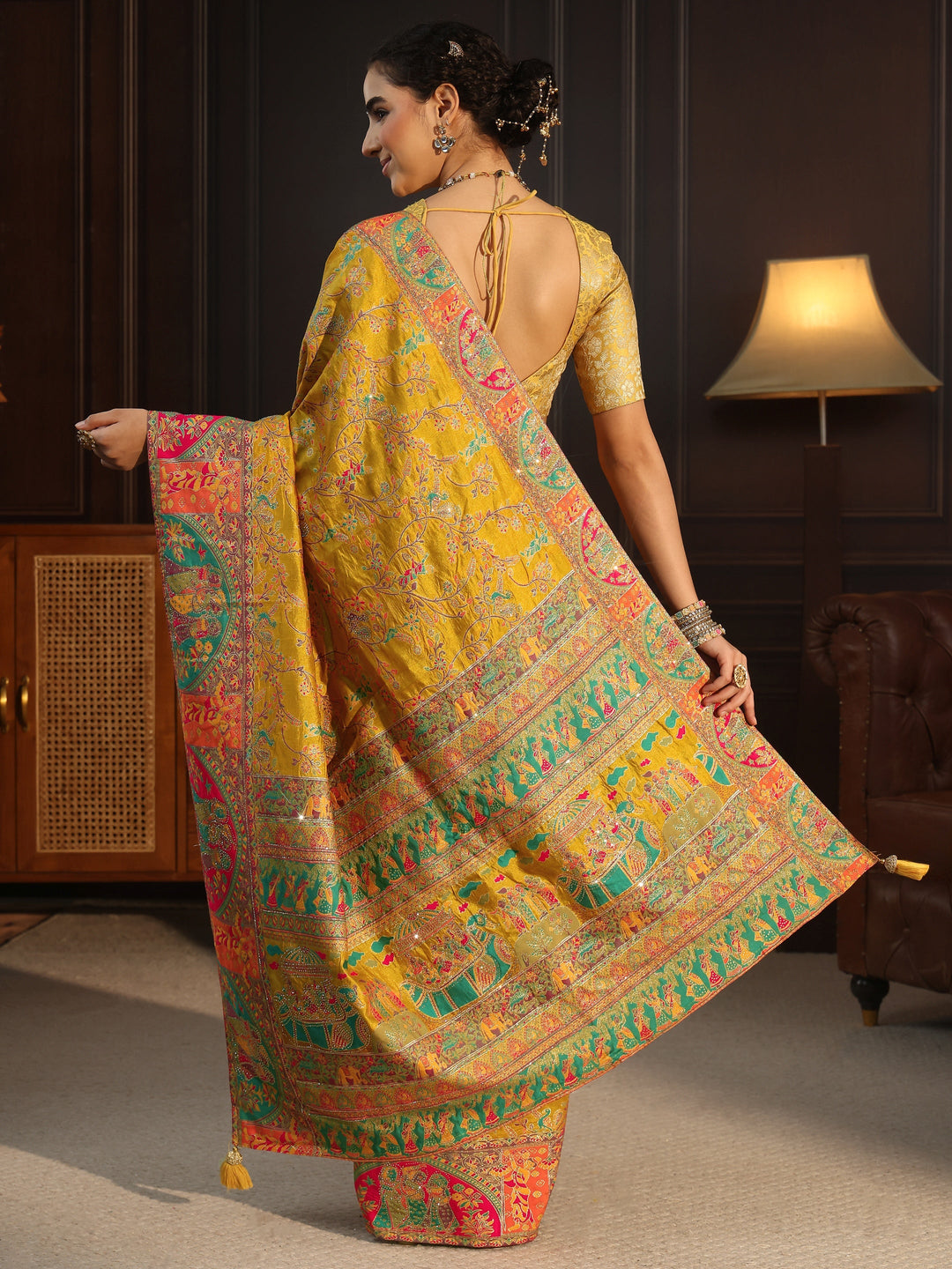  Libas Mustard Woven Design Silk Blend Saree with Embroidered Border 
