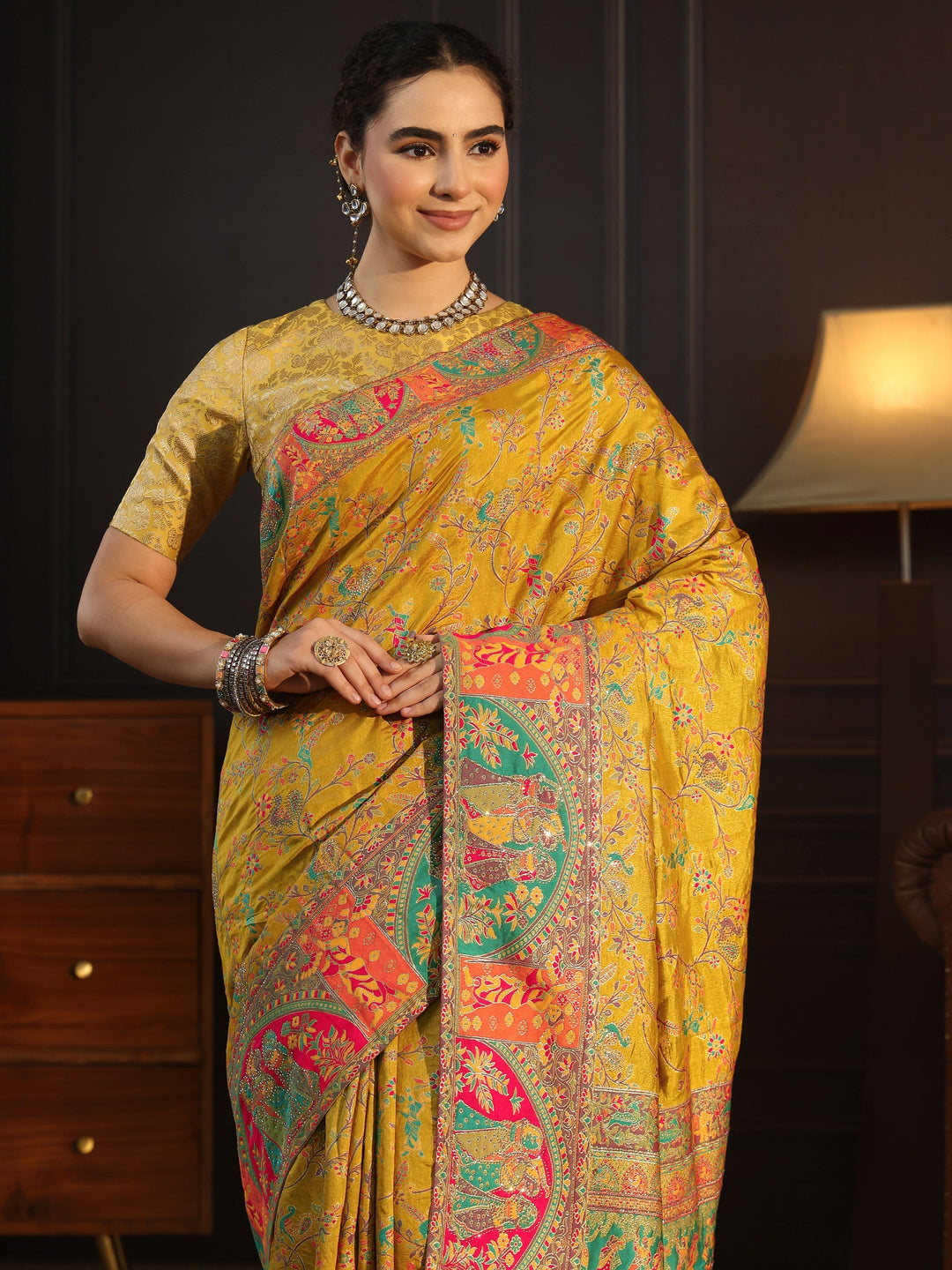  Libas Mustard Woven Design Silk Blend Saree with Embroidered Border 