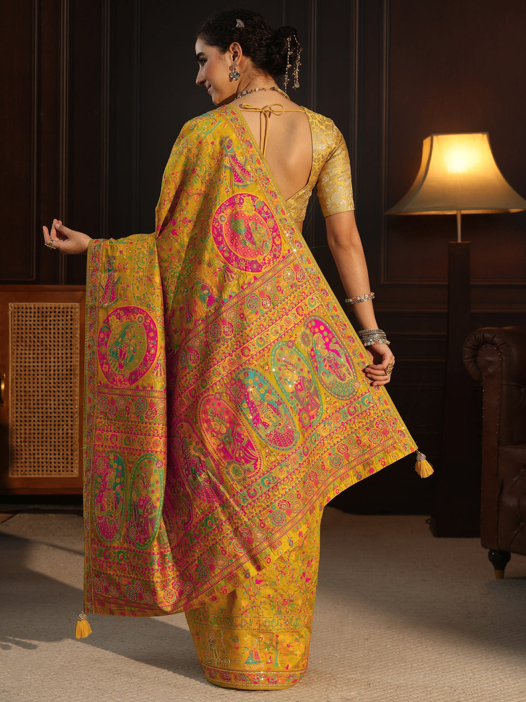  Libas Art Mustard Embellished Mughal Design Silk Blend Saree 