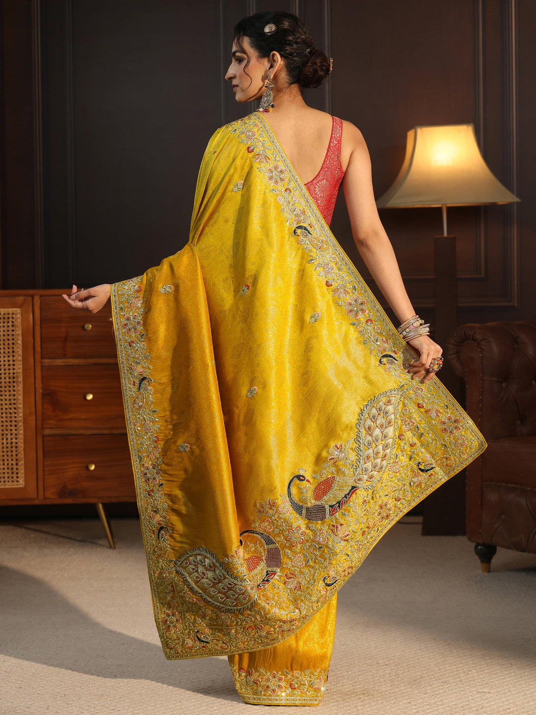  Libas Art Yellow Silk Blend Saree with Embellished Peacock Pallu 