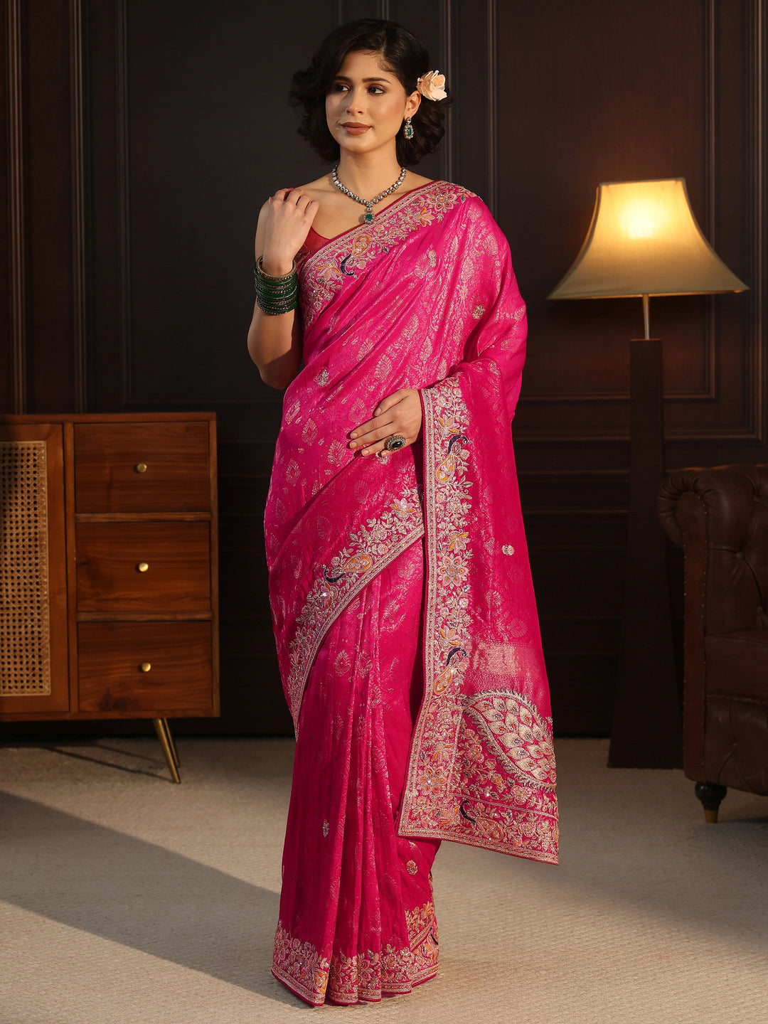  Libas Art Hot Pink Silk Blend Saree with Embellished Peacock Pallu 