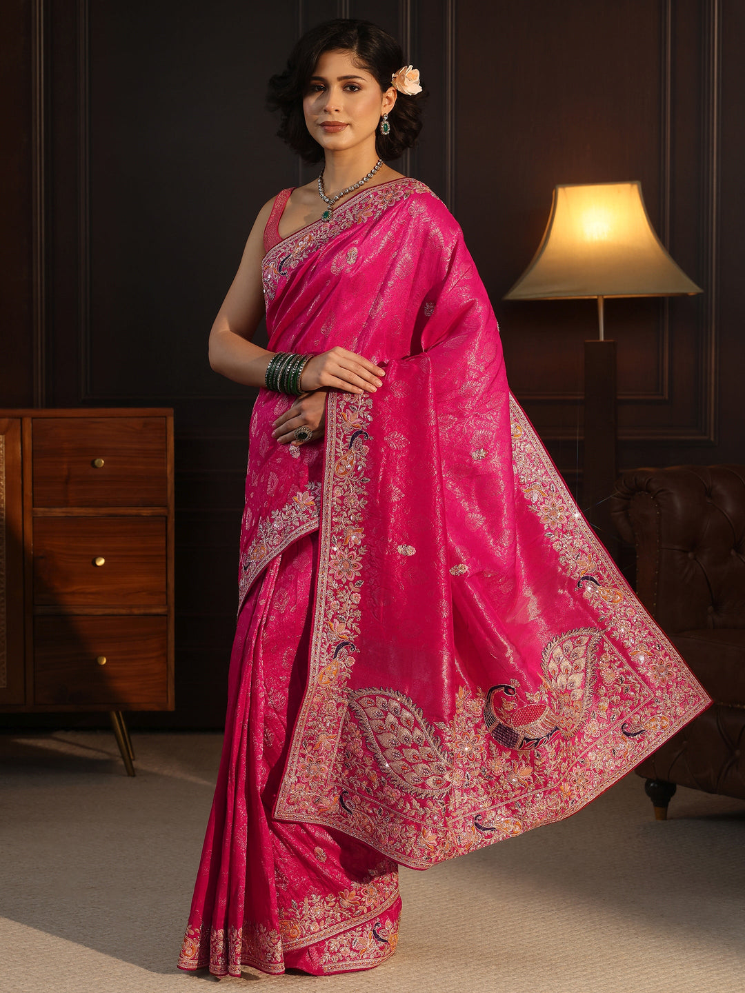  Libas Art Hot Pink Silk Blend Saree with Embellished Peacock Pallu 