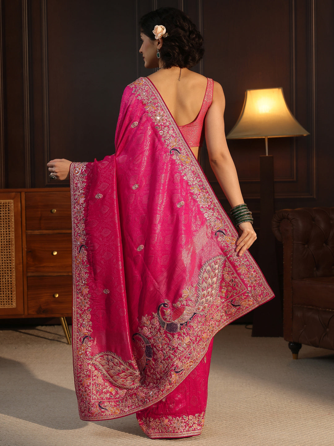  Libas Art Hot Pink Silk Blend Saree with Embellished Peacock Pallu 