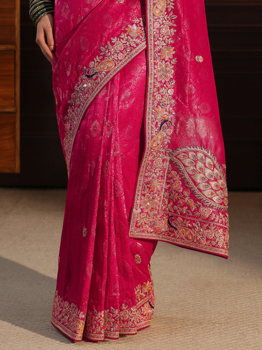  Libas Art Hot Pink Silk Blend Saree with Embellished Peacock Pallu 