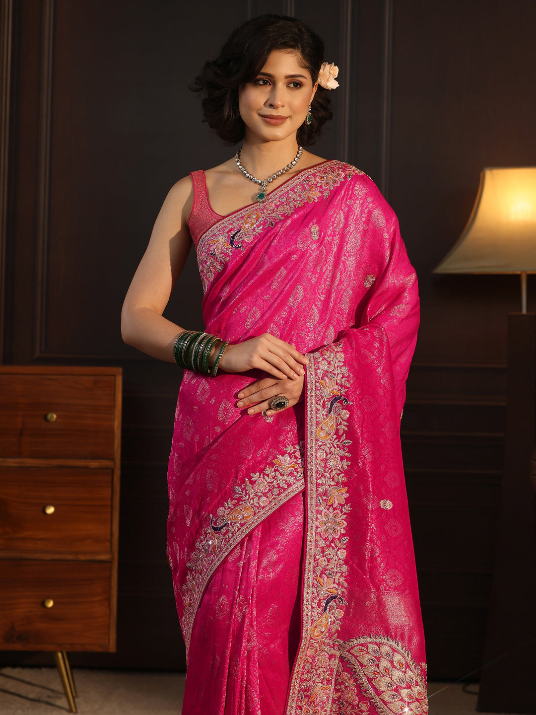  Libas Art Hot Pink Silk Blend Saree with Embellished Peacock Pallu 