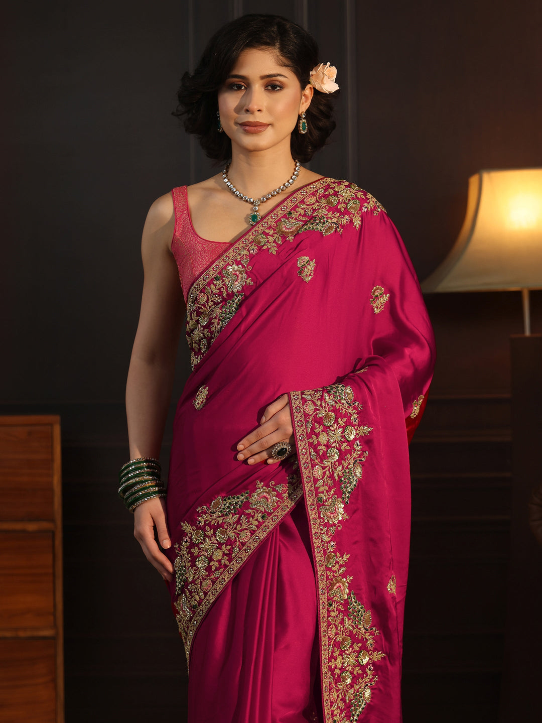  Libas Art Rani Pink Satin Saree with Embellished Border 