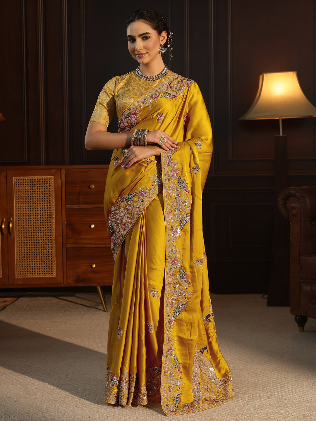  Libas Art Mustard Satin Saree with Embellished Border 