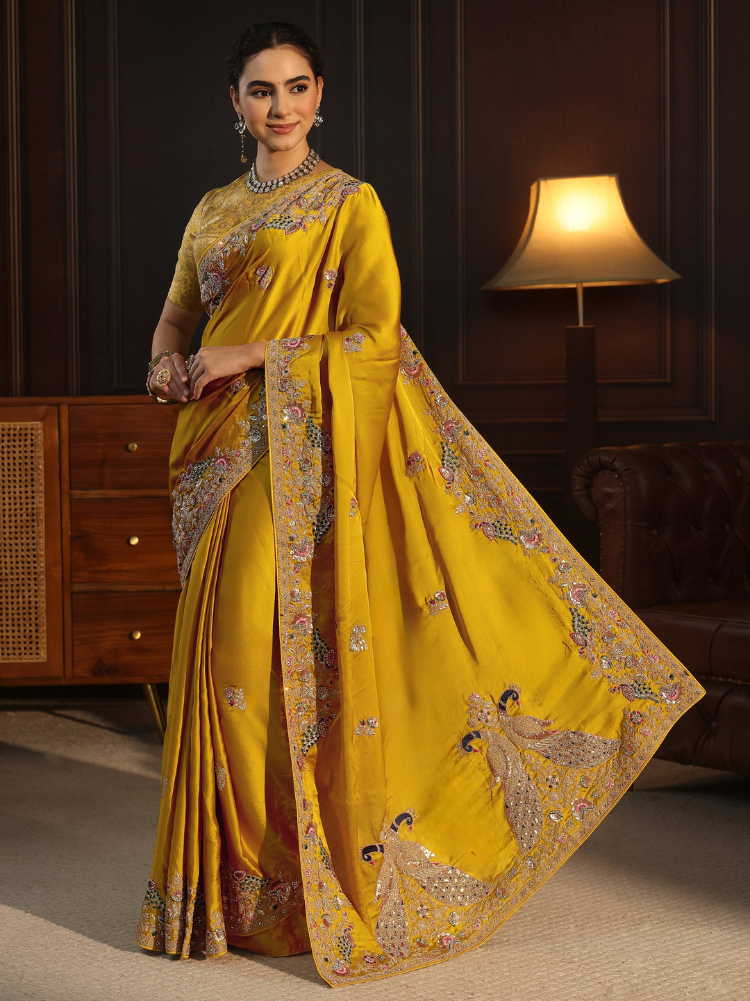  Libas Art Mustard Satin Saree with Embellished Border 
