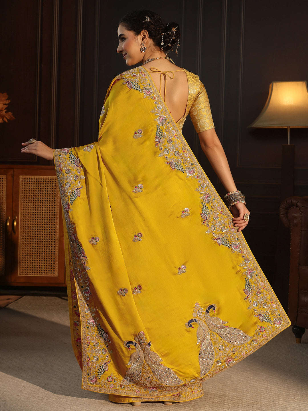  Libas Art Mustard Satin Saree with Embellished Border 