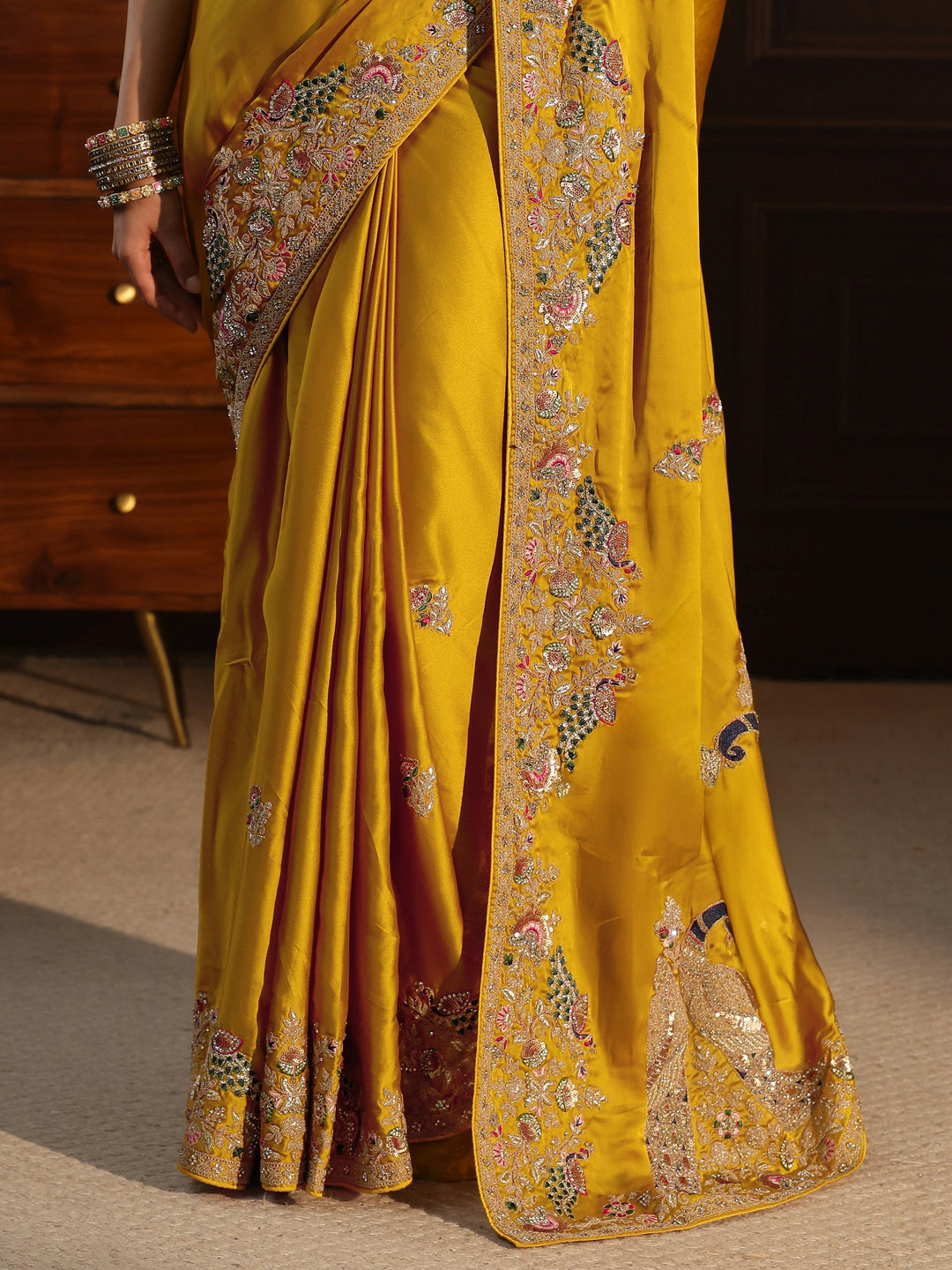  Libas Art Mustard Satin Saree with Embellished Border 
