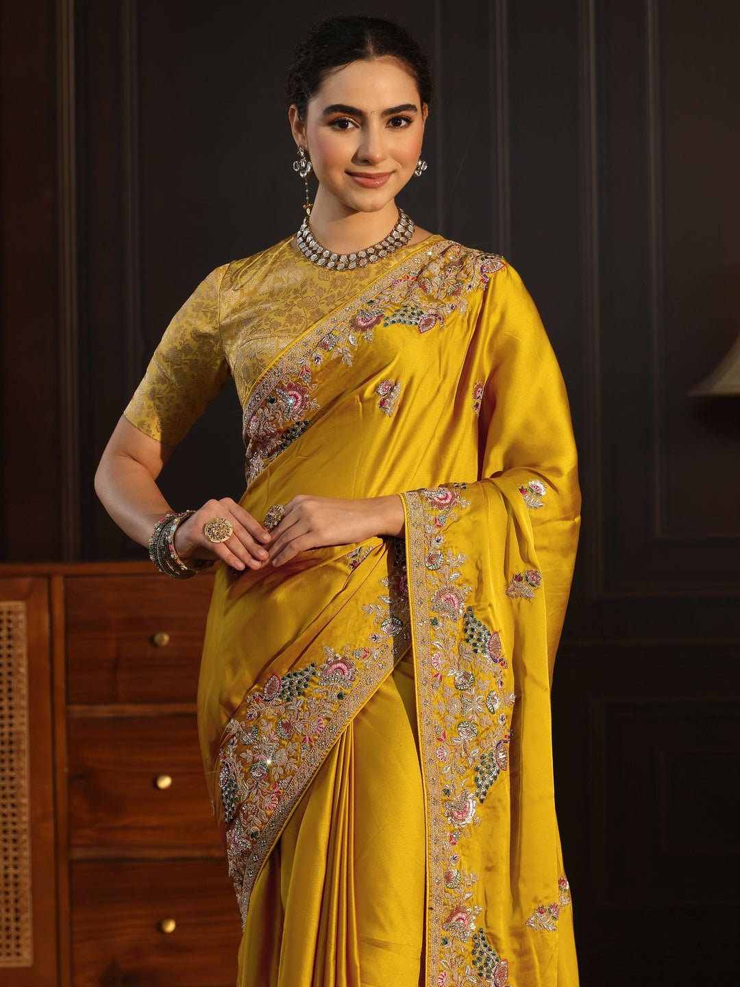  Libas Art Mustard Satin Saree with Embellished Border 
