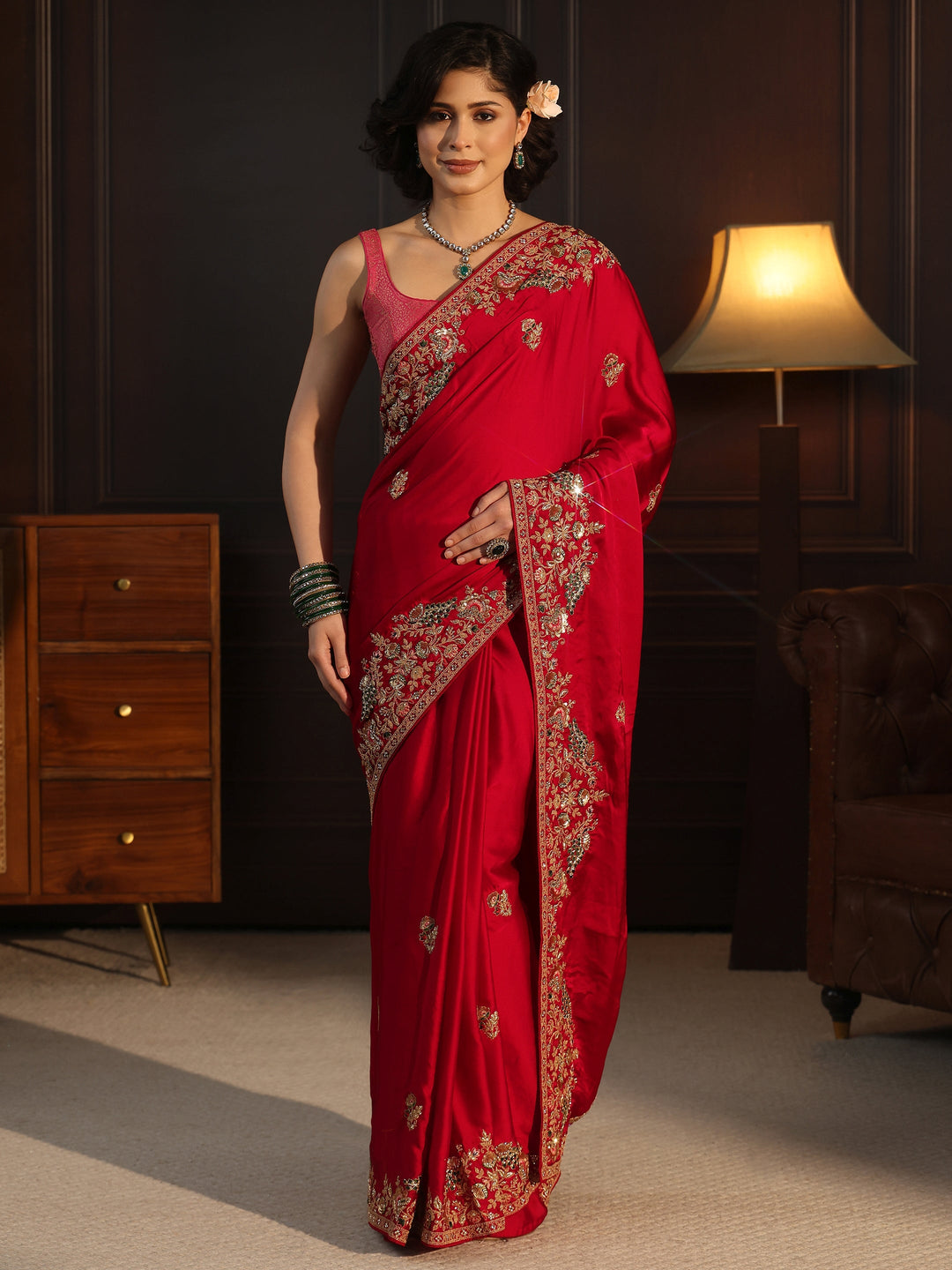  Libas Art Red Satin Saree with Embellished Border 