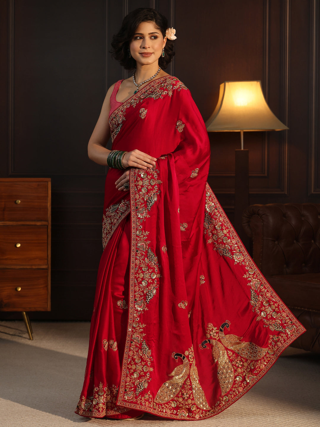  Libas Art Red Satin Saree with Embellished Border 