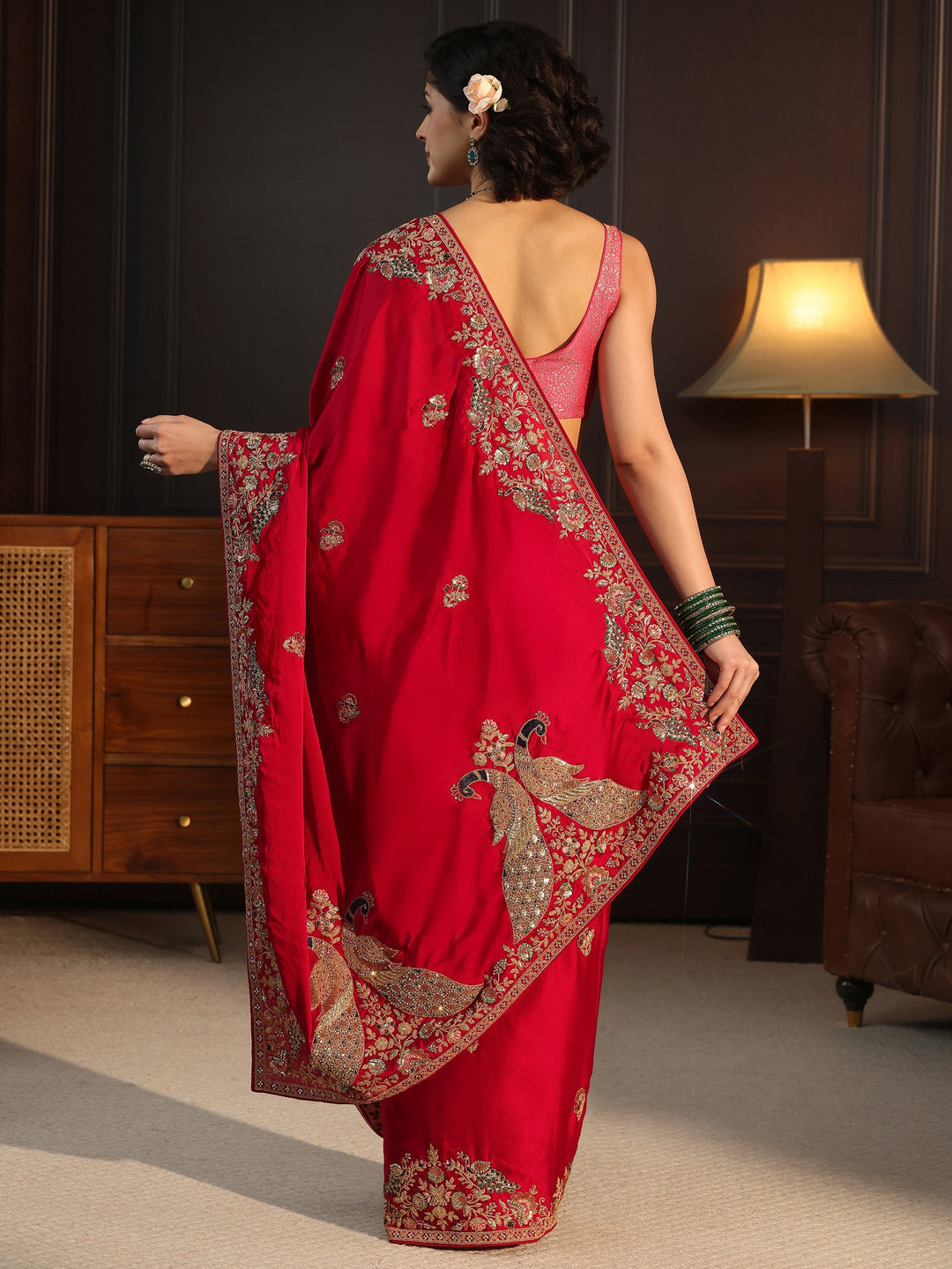  Libas Art Red Satin Saree with Embellished Border 