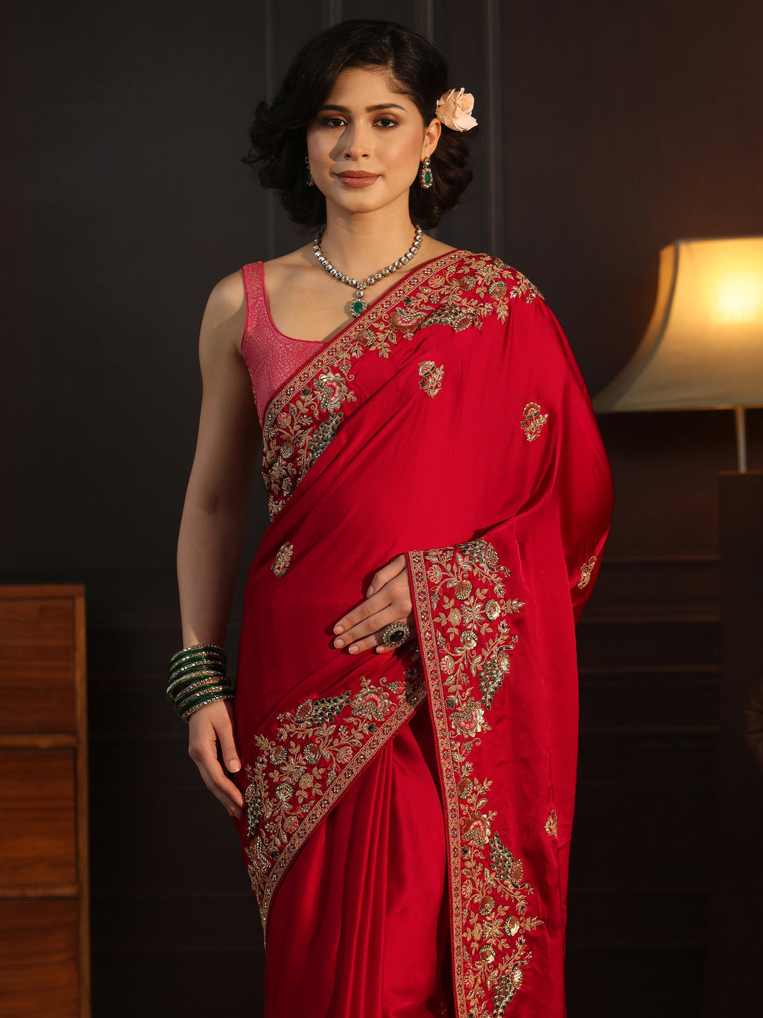  Libas Art Red Satin Saree with Embellished Border 