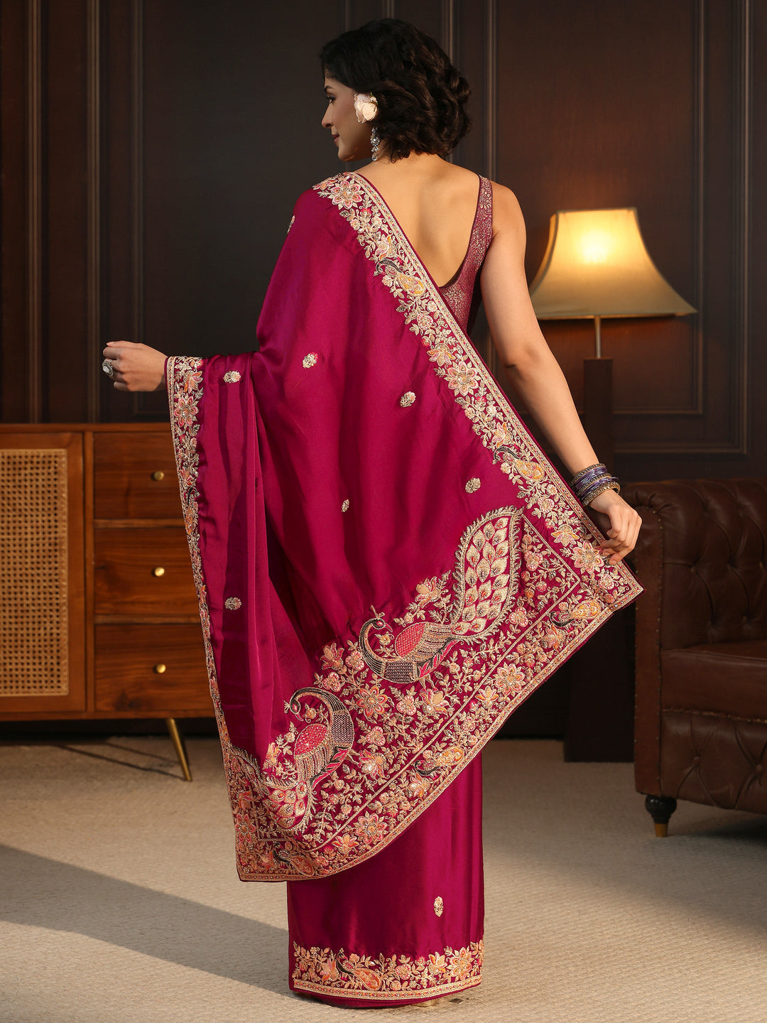  Libas Art Rani Pink Satin Saree with Embellished Border 