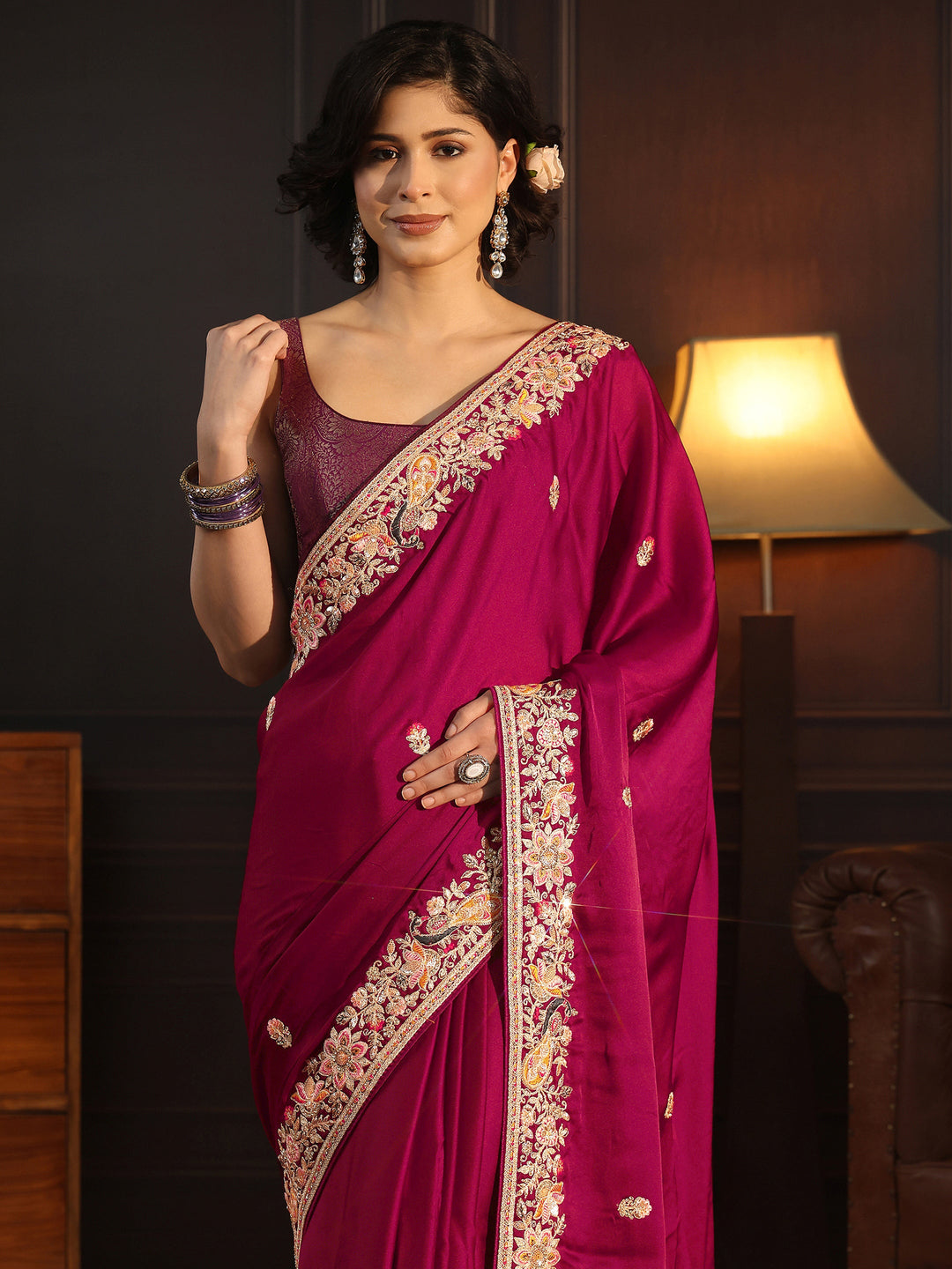  Libas Art Rani Pink Satin Saree with Embellished Border 