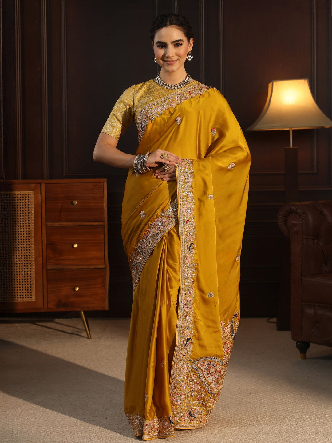  Libas Art Mustard Satin Saree with Embellished Border 