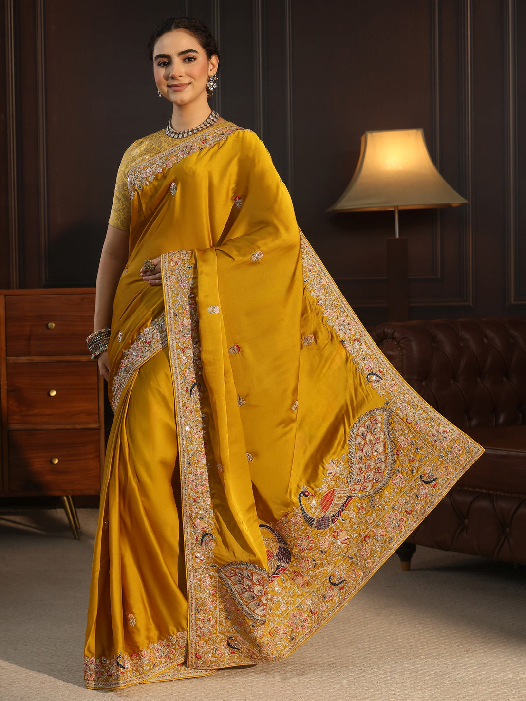  Libas Art Mustard Satin Saree with Embellished Border 