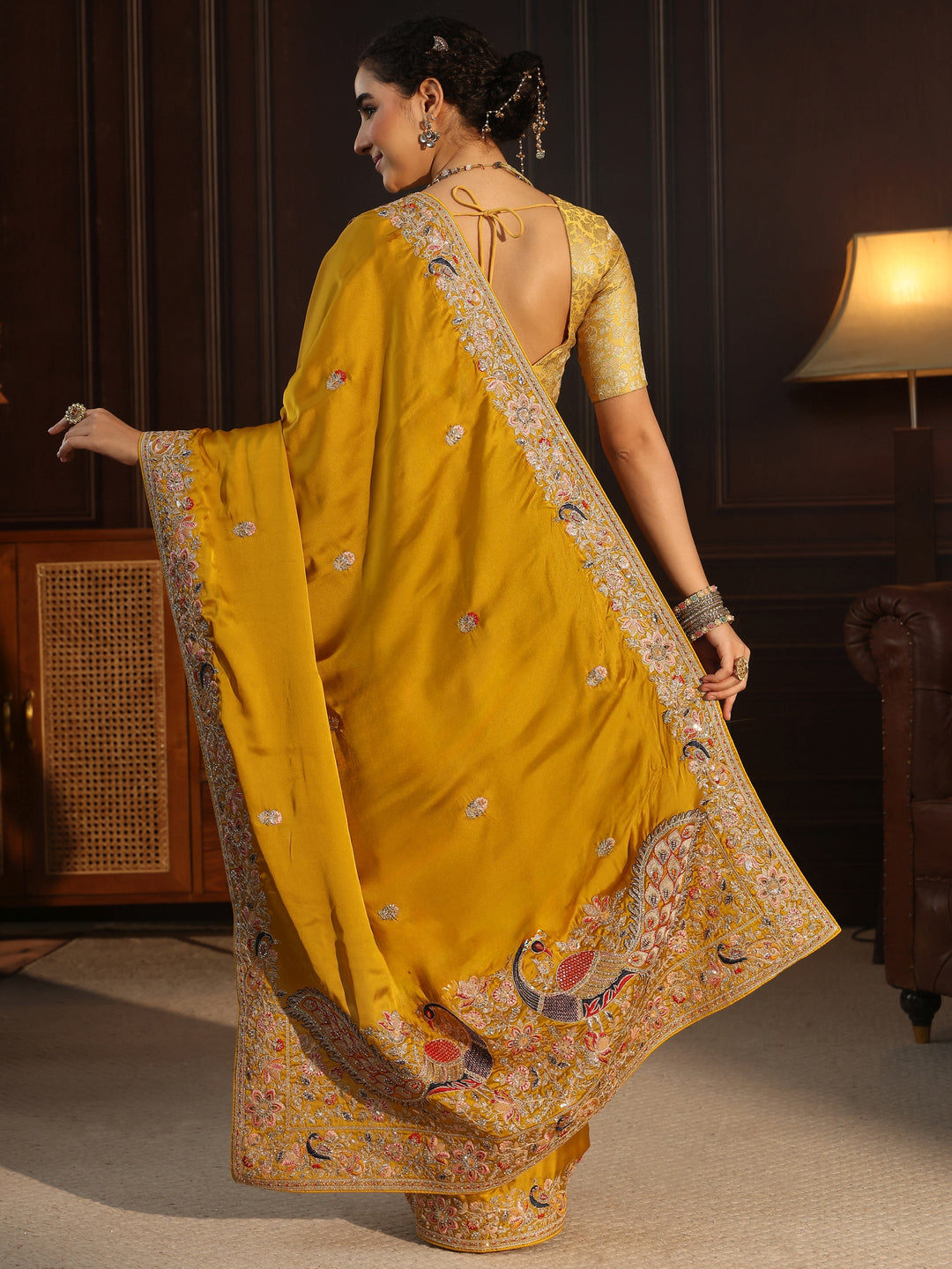 Libas Art Mustard Satin Saree with Embellished Border 