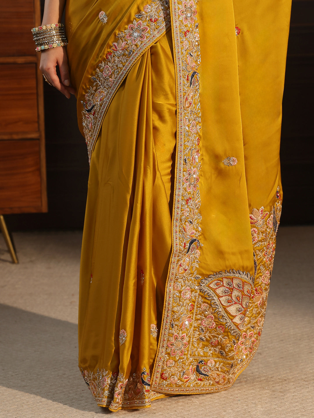  Libas Art Mustard Satin Saree with Embellished Border 