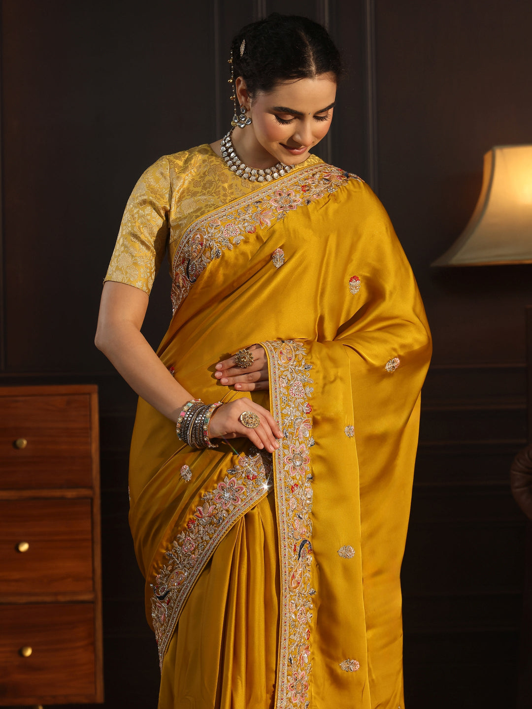  Libas Art Mustard Satin Saree with Embellished Border 
