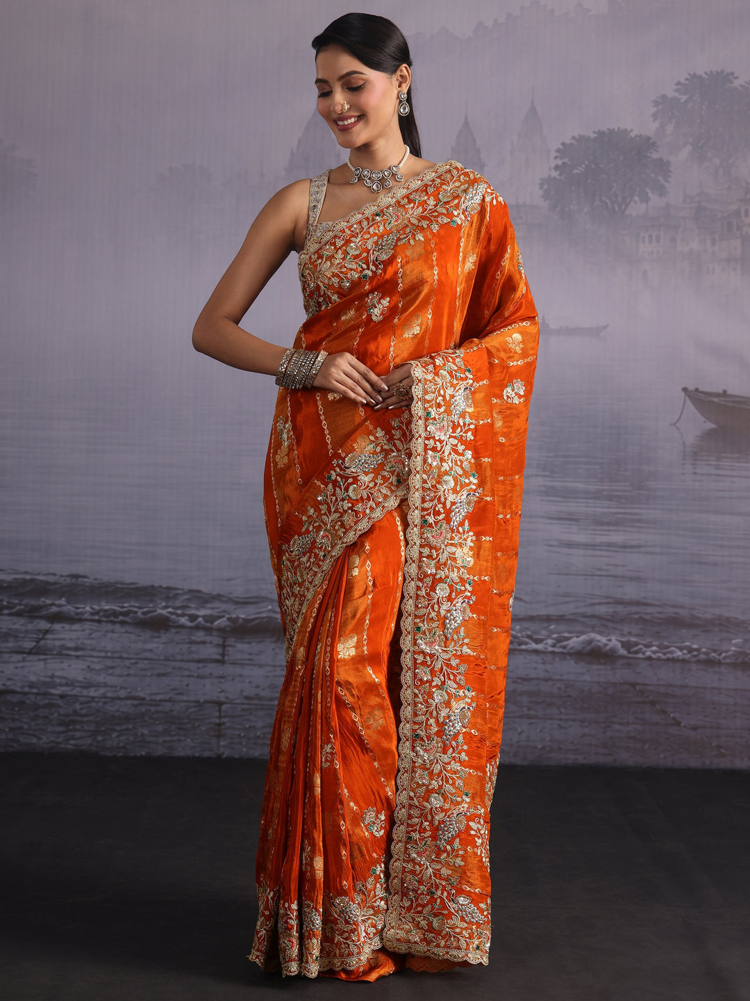  Libas Art Orange Floral Embellished Woven Design Silk Blend Saree 