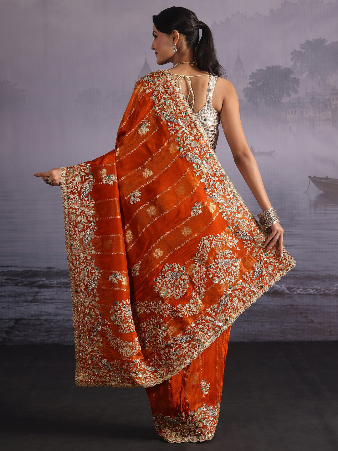  Libas Art Orange Floral Embellished Woven Design Silk Blend Saree 