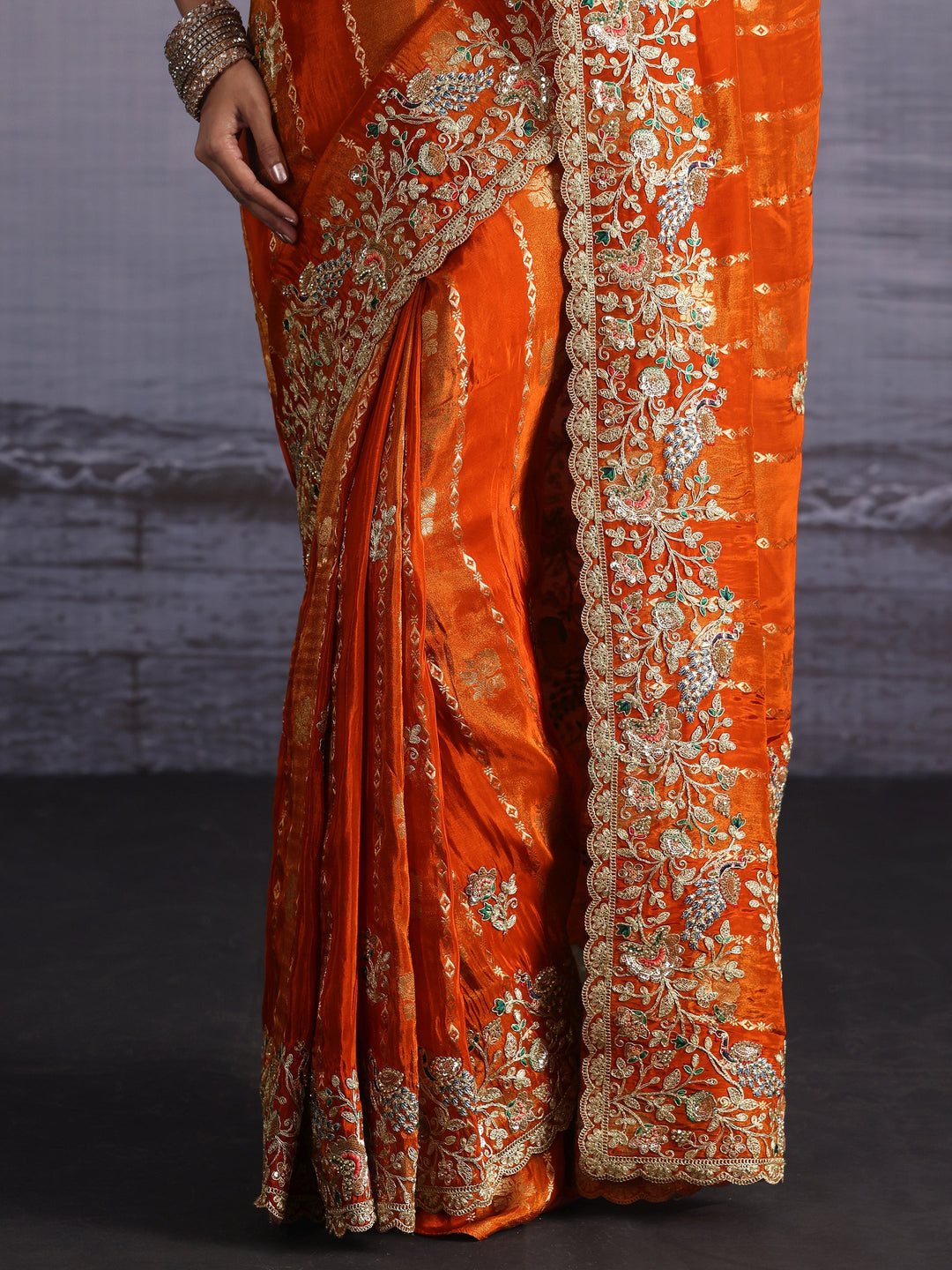  Libas Art Orange Floral Embellished Woven Design Silk Blend Saree 