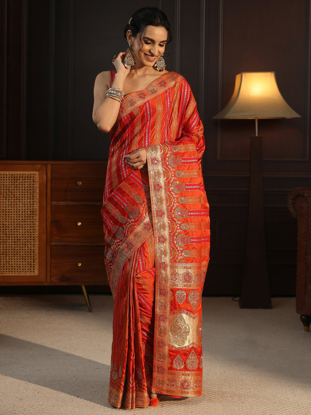  Libas Art Orange Striped Woven Design Satin Saree with Stone Work 