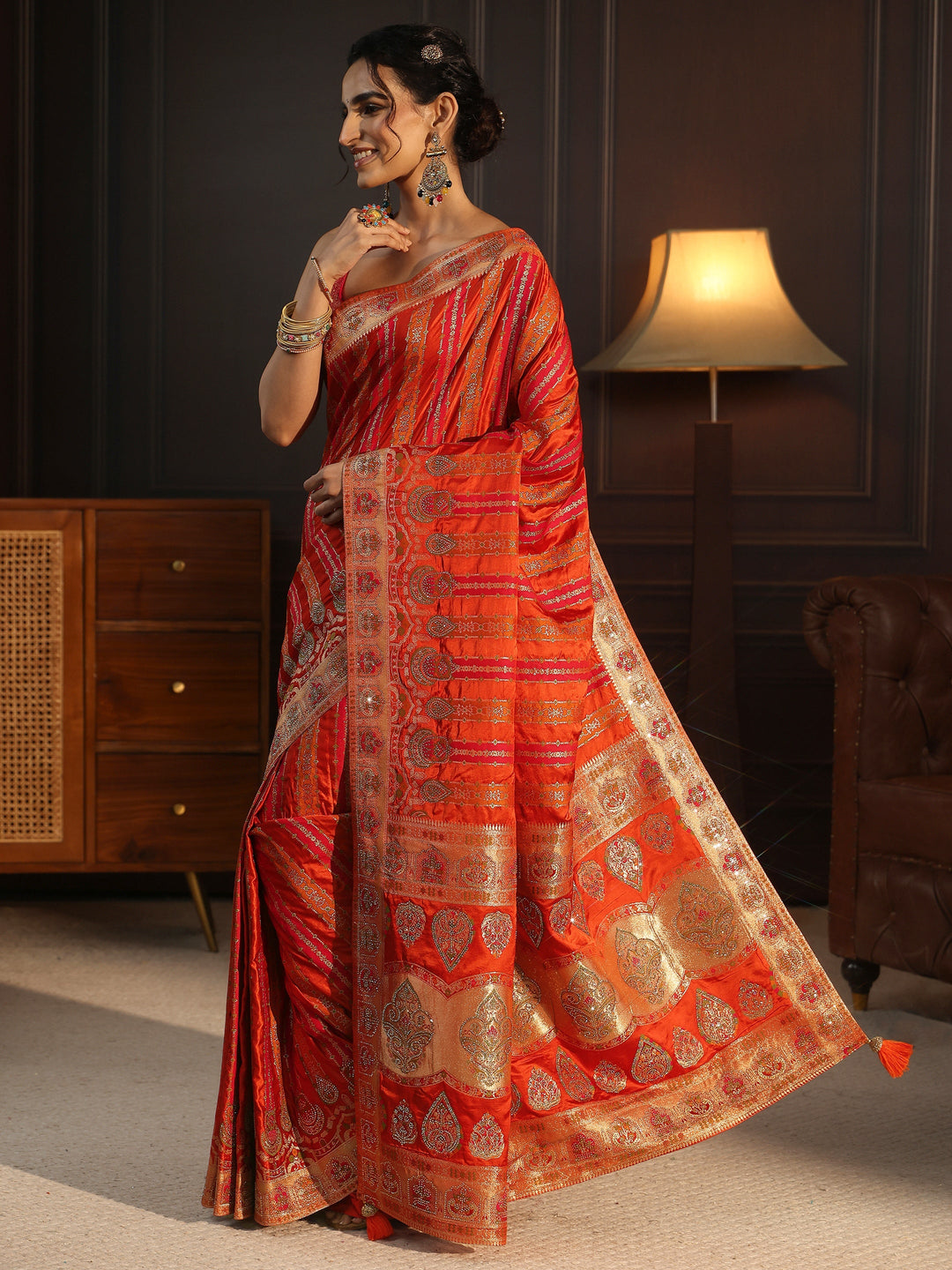  Libas Art Orange Striped Woven Design Satin Saree with Stone Work 