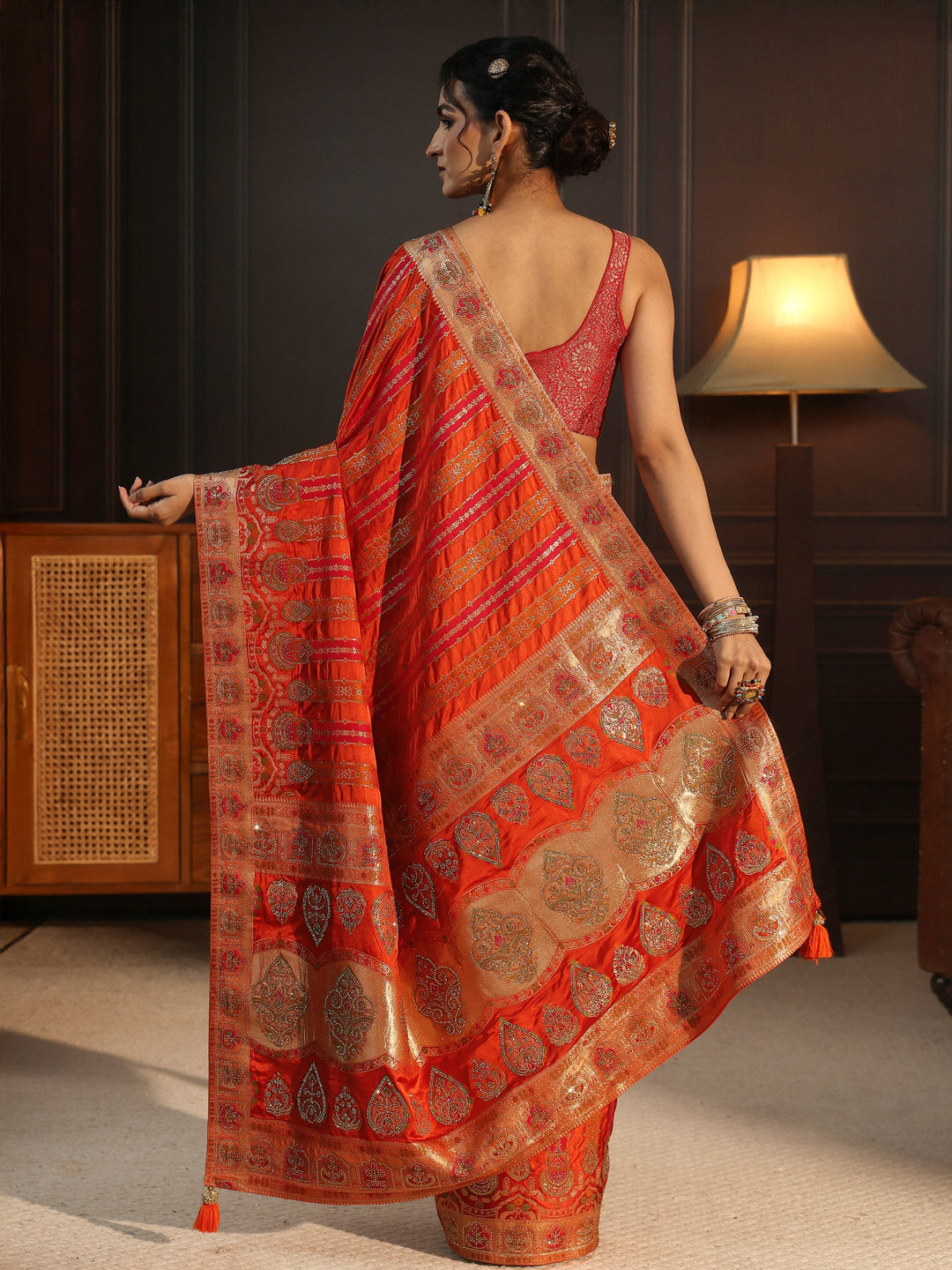  Libas Art Orange Striped Woven Design Satin Saree with Stone Work 