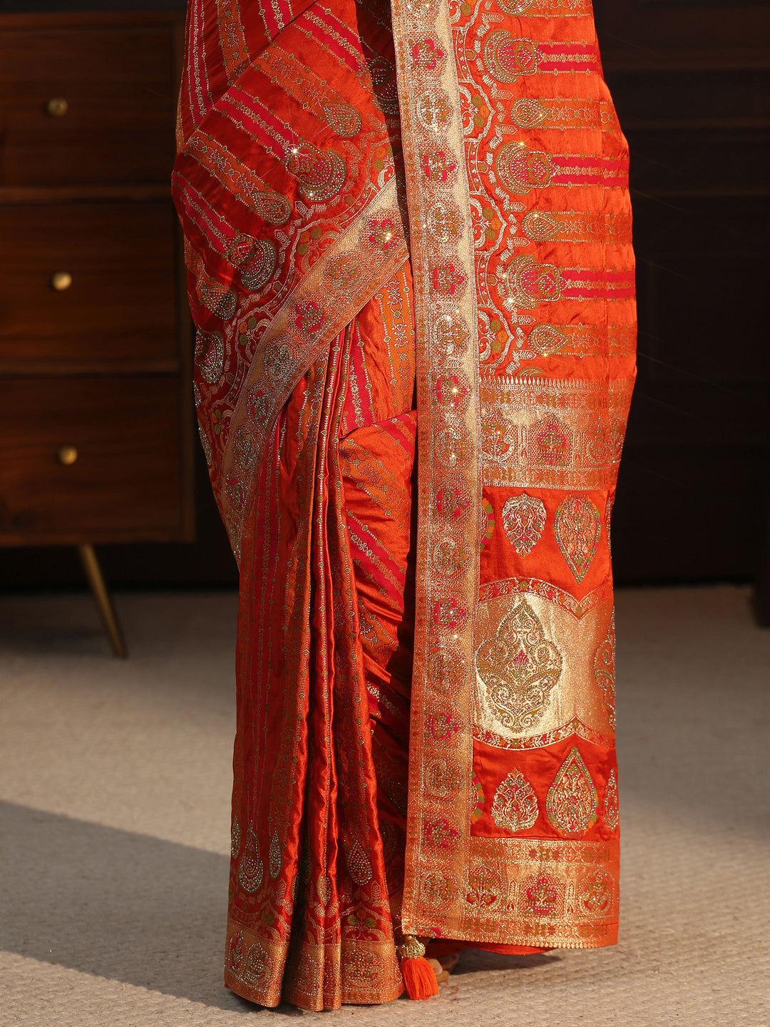  Libas Art Orange Striped Woven Design Satin Saree with Stone Work 