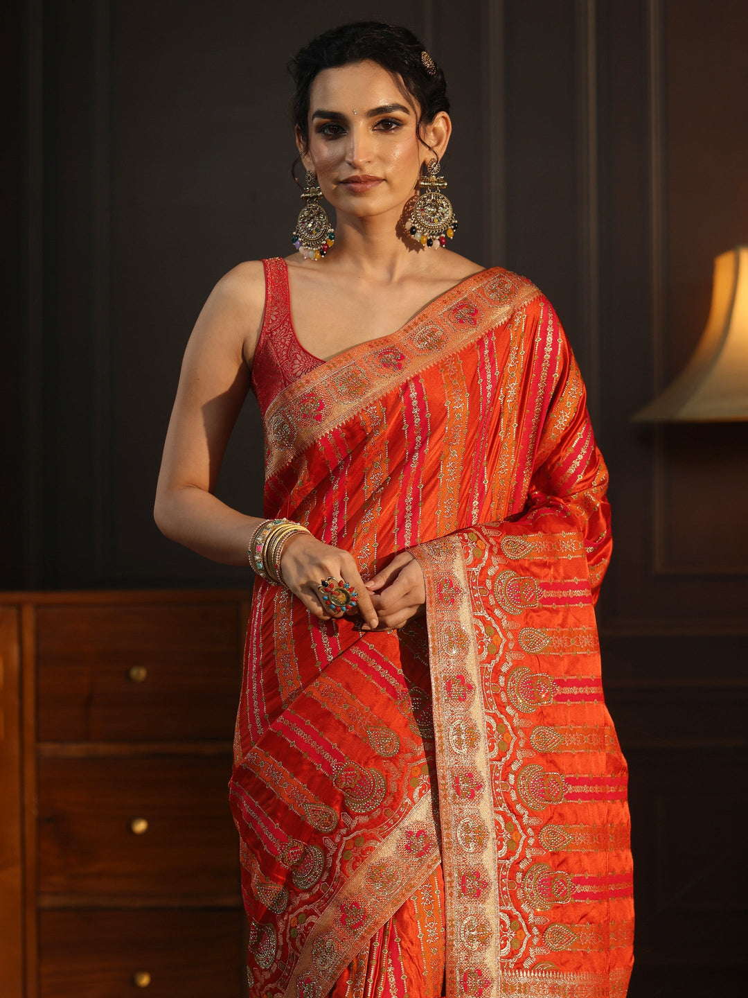  Libas Art Orange Striped Woven Design Satin Saree with Stone Work 