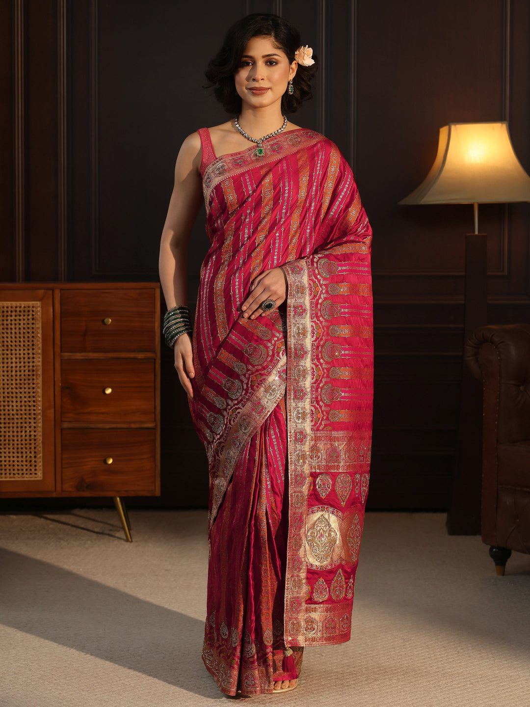  Libas Art Pink Striped Woven Design Satin Saree with Stone Work 