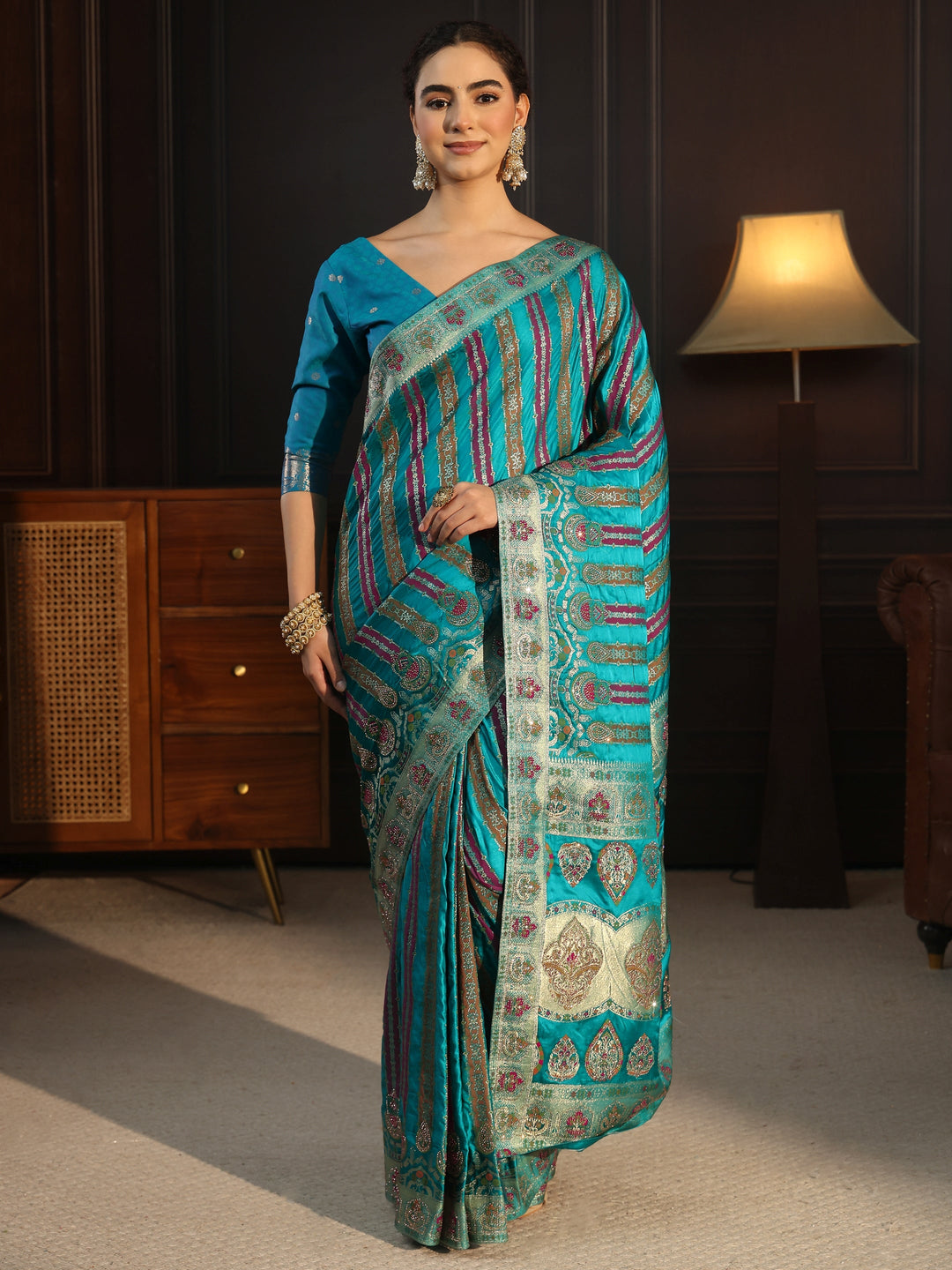  Libas Art Green Striped Woven Design Satin Saree with Stone Work 