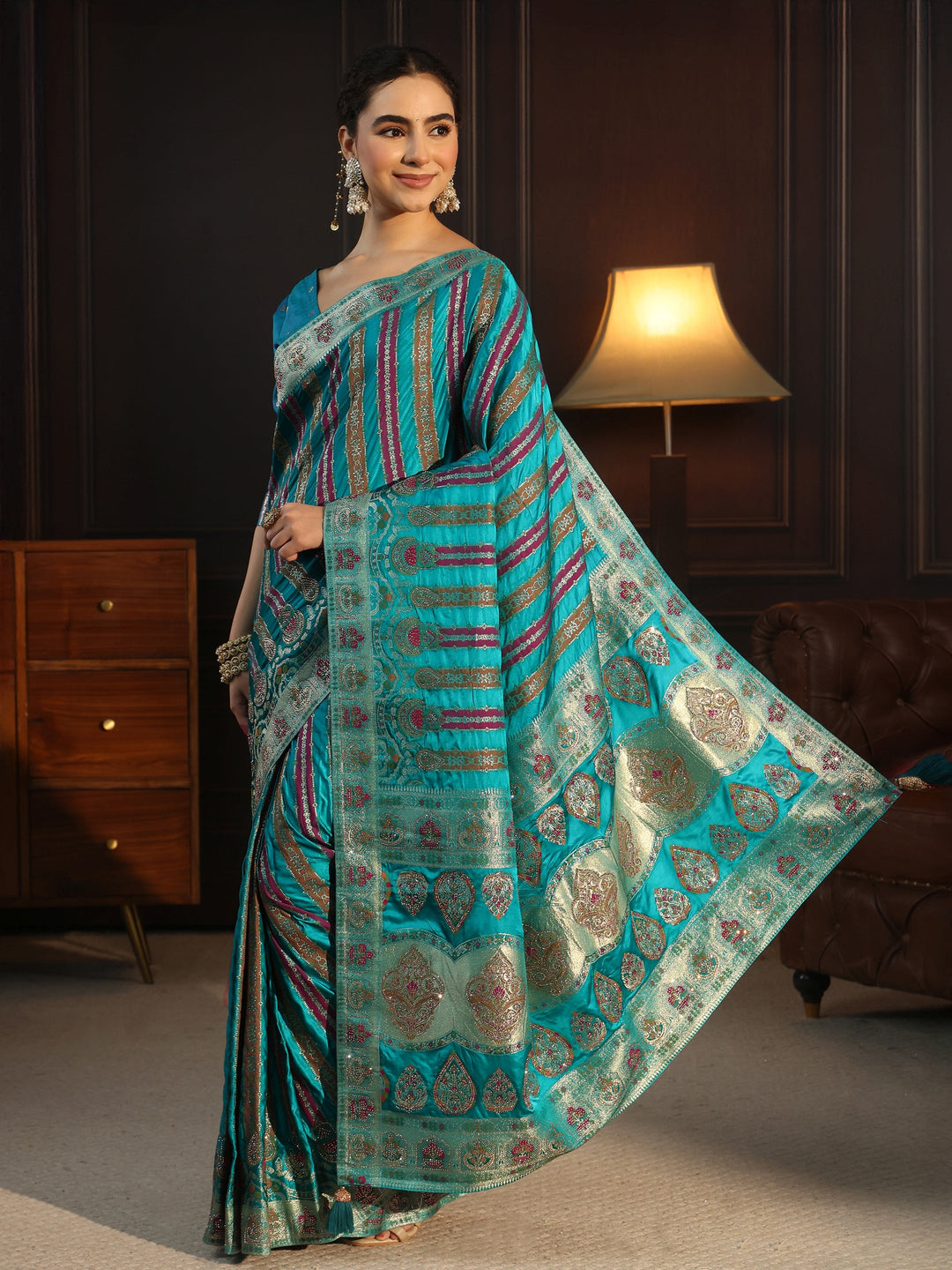  Libas Art Green Striped Woven Design Satin Saree with Stone Work 