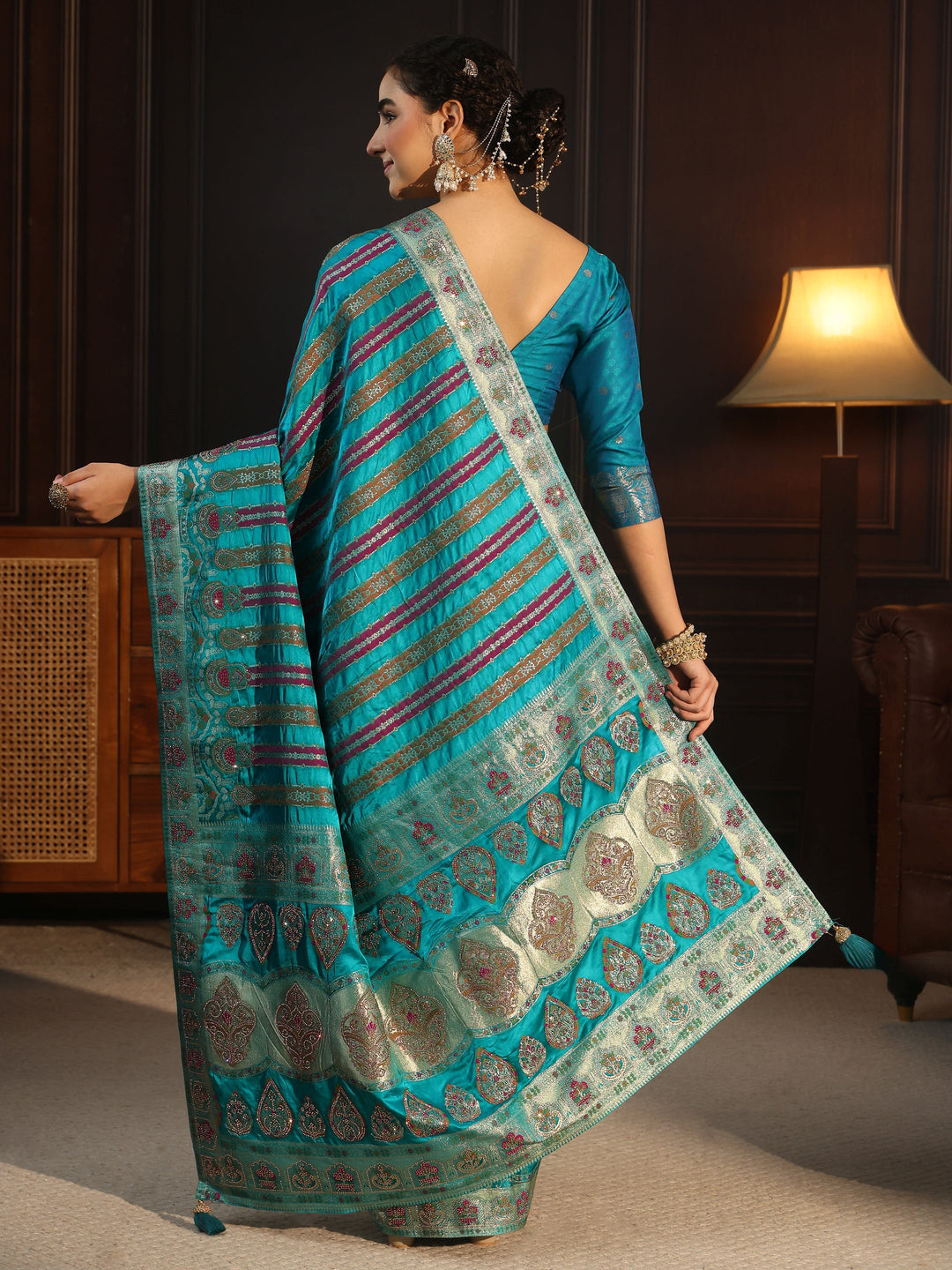 Libas Art Green Striped Woven Design Satin Saree with Stone Work 