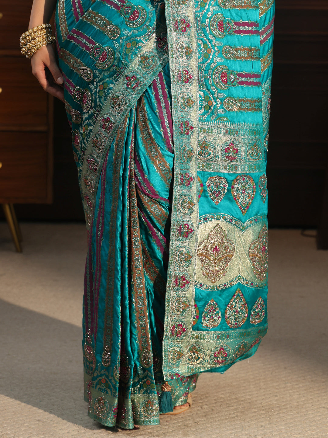  Libas Art Green Striped Woven Design Satin Saree with Stone Work 