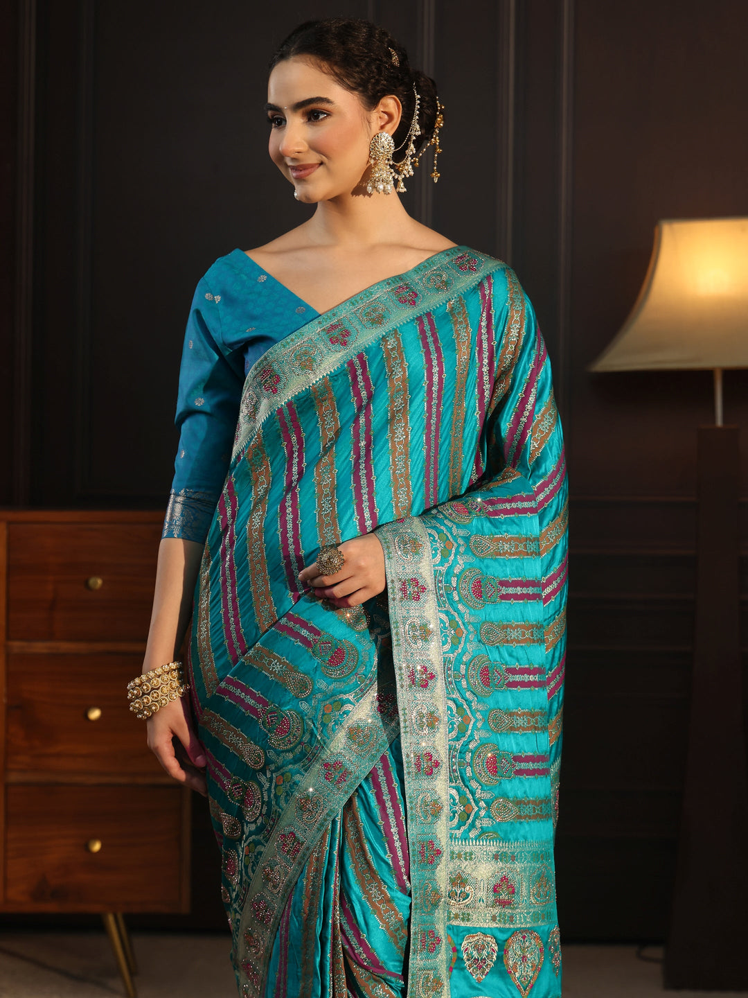  Libas Art Green Striped Woven Design Satin Saree with Stone Work 