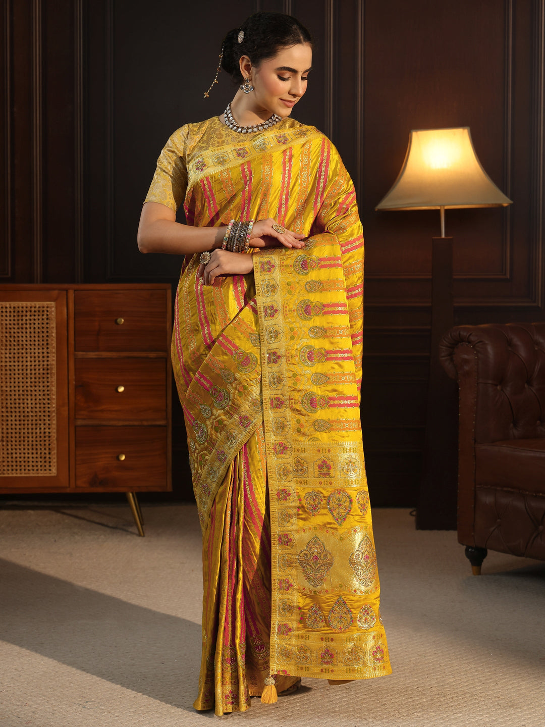  Libas Art Mustard Striped Woven Design Satin Saree with Stone Work 