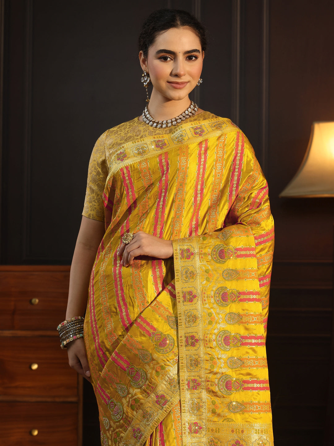  Libas Art Mustard Striped Woven Design Satin Saree with Stone Work 