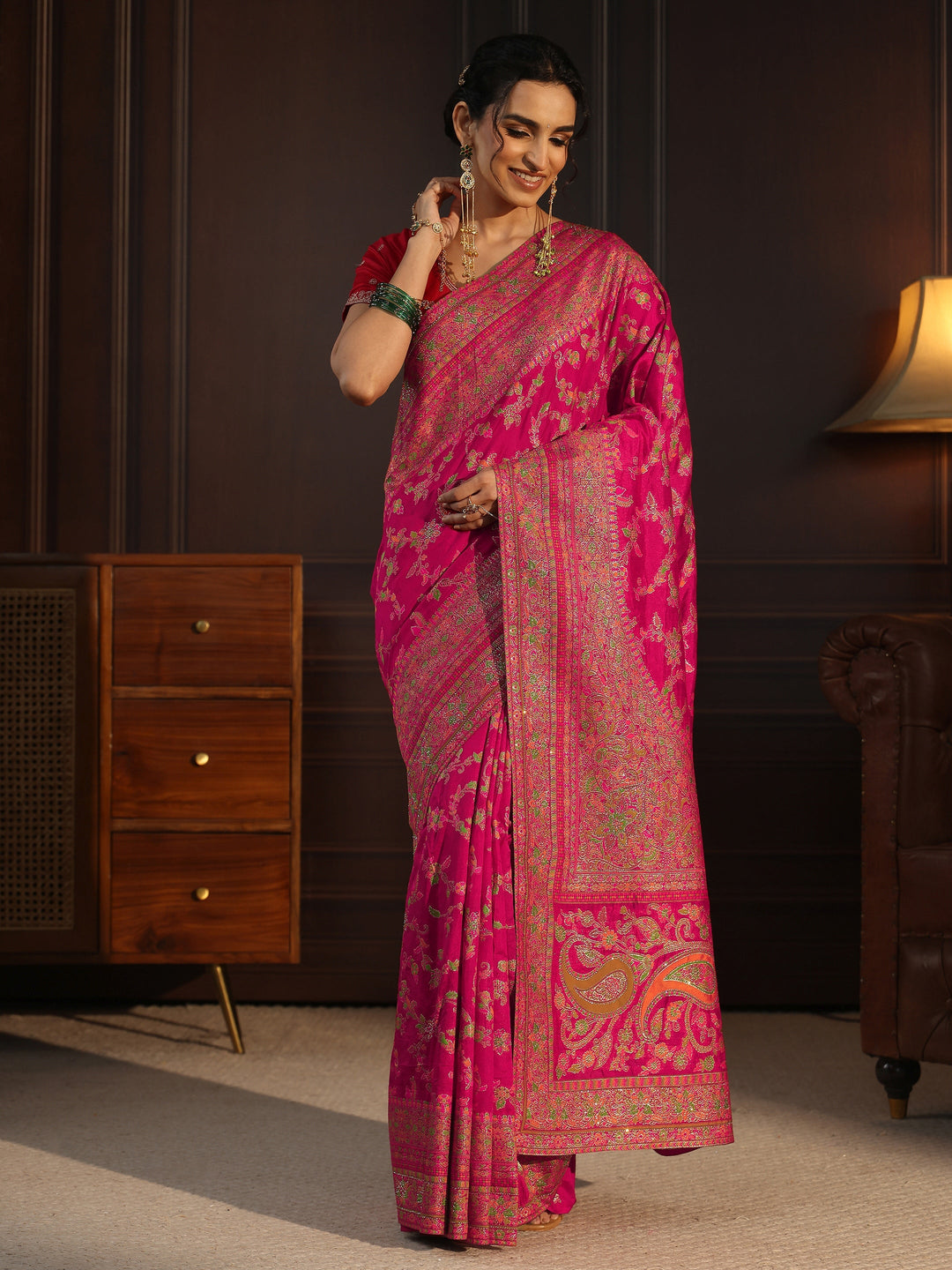  Libas Art Rani Pink Floral Design Embellished Silk Blend Saree 