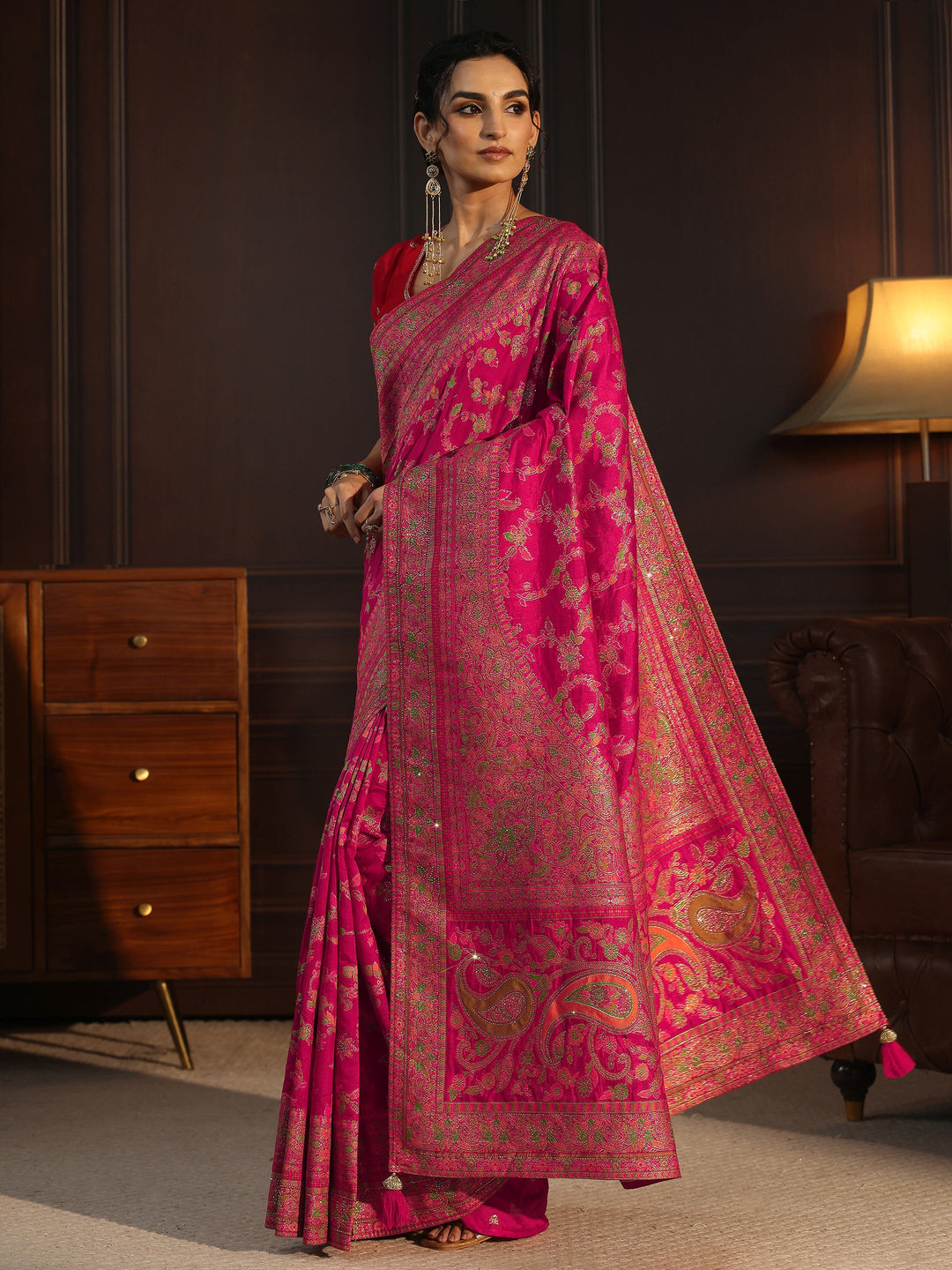  Libas Art Rani Pink Floral Design Embellished Silk Blend Saree 