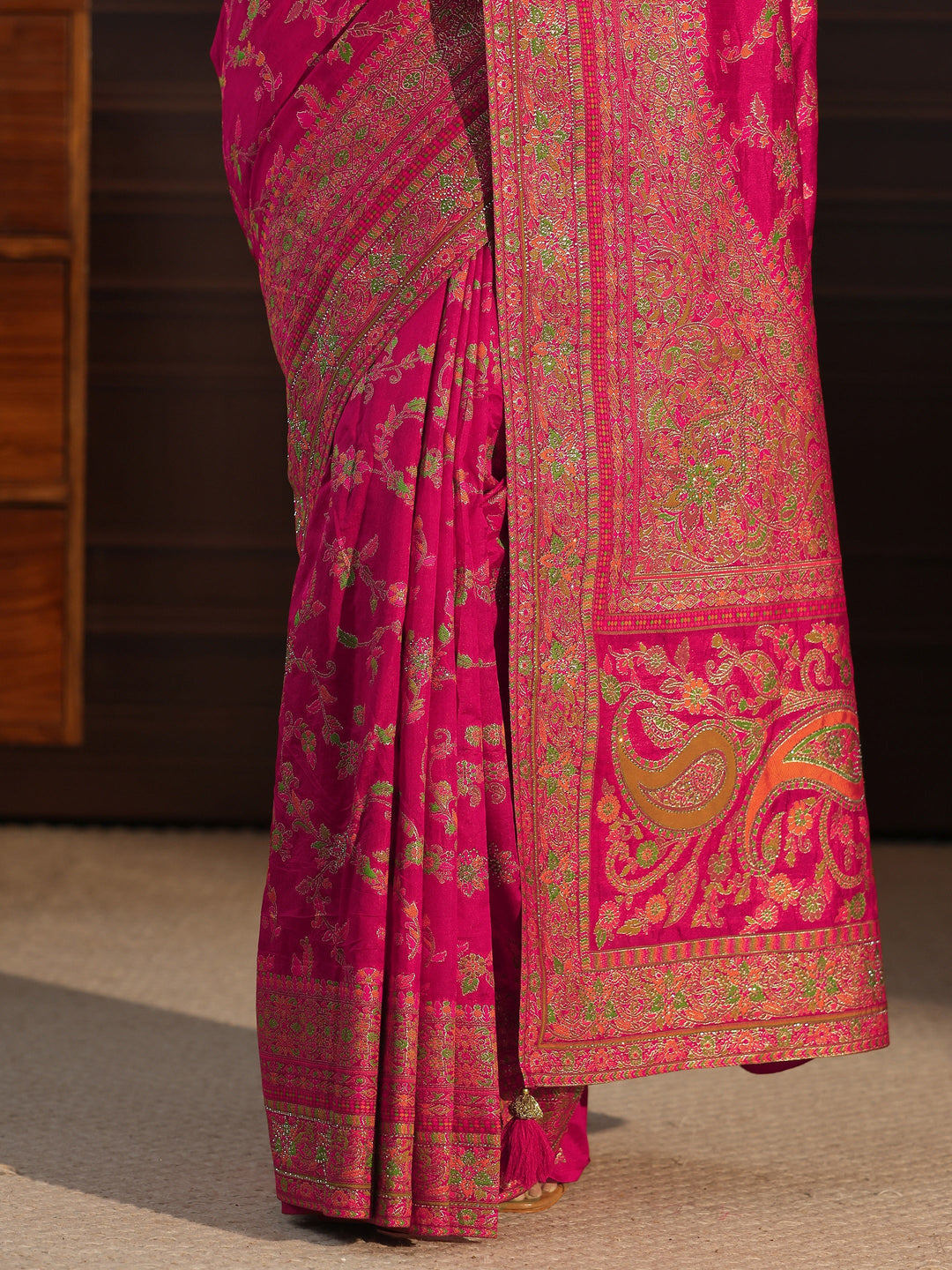  Libas Art Rani Pink Floral Design Embellished Silk Blend Saree 