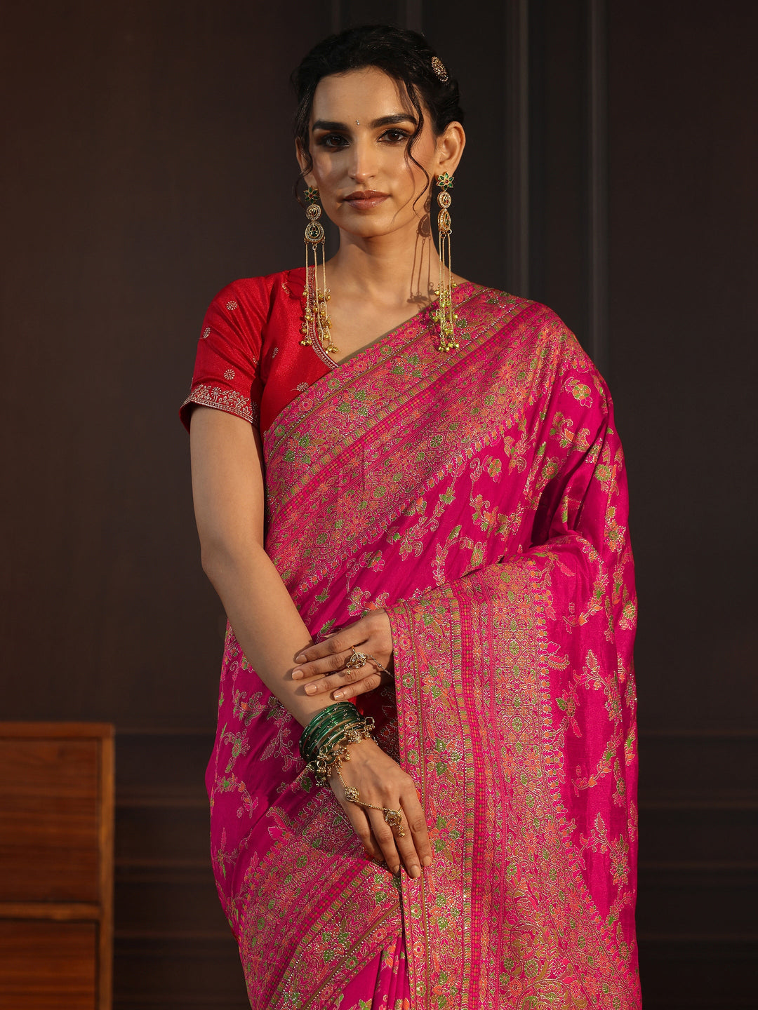  Libas Art Rani Pink Floral Design Embellished Silk Blend Saree 